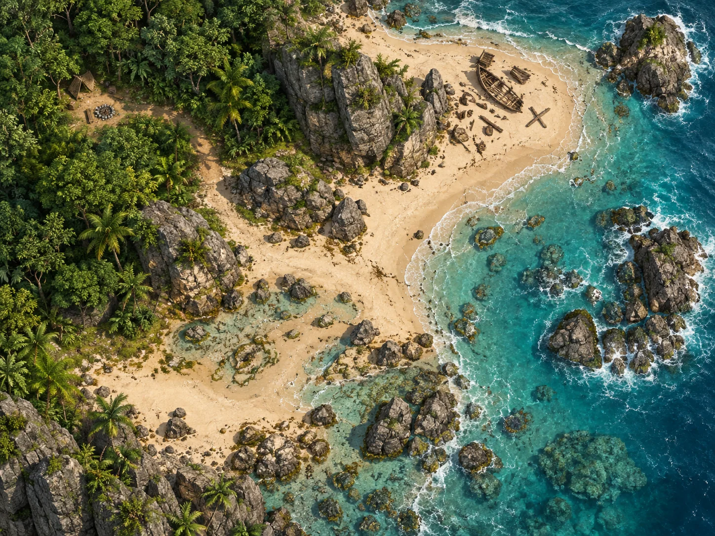 Top-down island battlemap with a shipwreck, tropical forest, rocky beach and turquoise sea.